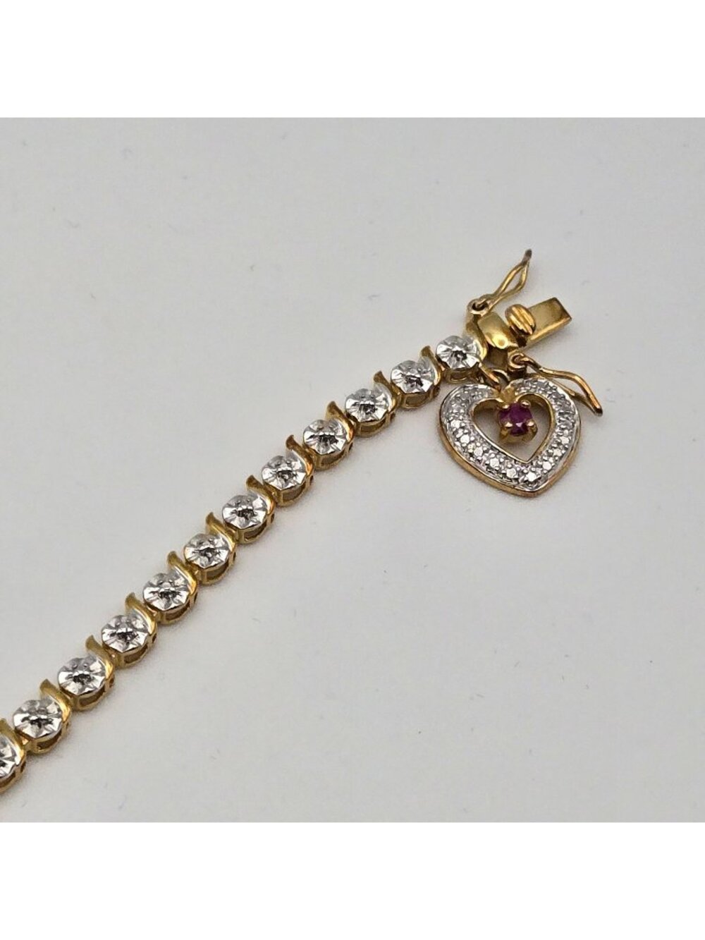 Vtg Gold-Plated 925 Sterling Silver Tennis Bracelet Diamond Accent Heart Charm R